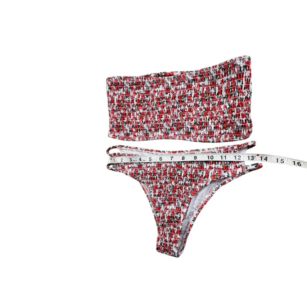 Unbranded Floral Smocked Bikini Set Red White‎ Bandeau Top High Cut S